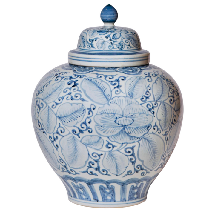 Large Chinese Blue & White Stylized Roses Ginger Jar