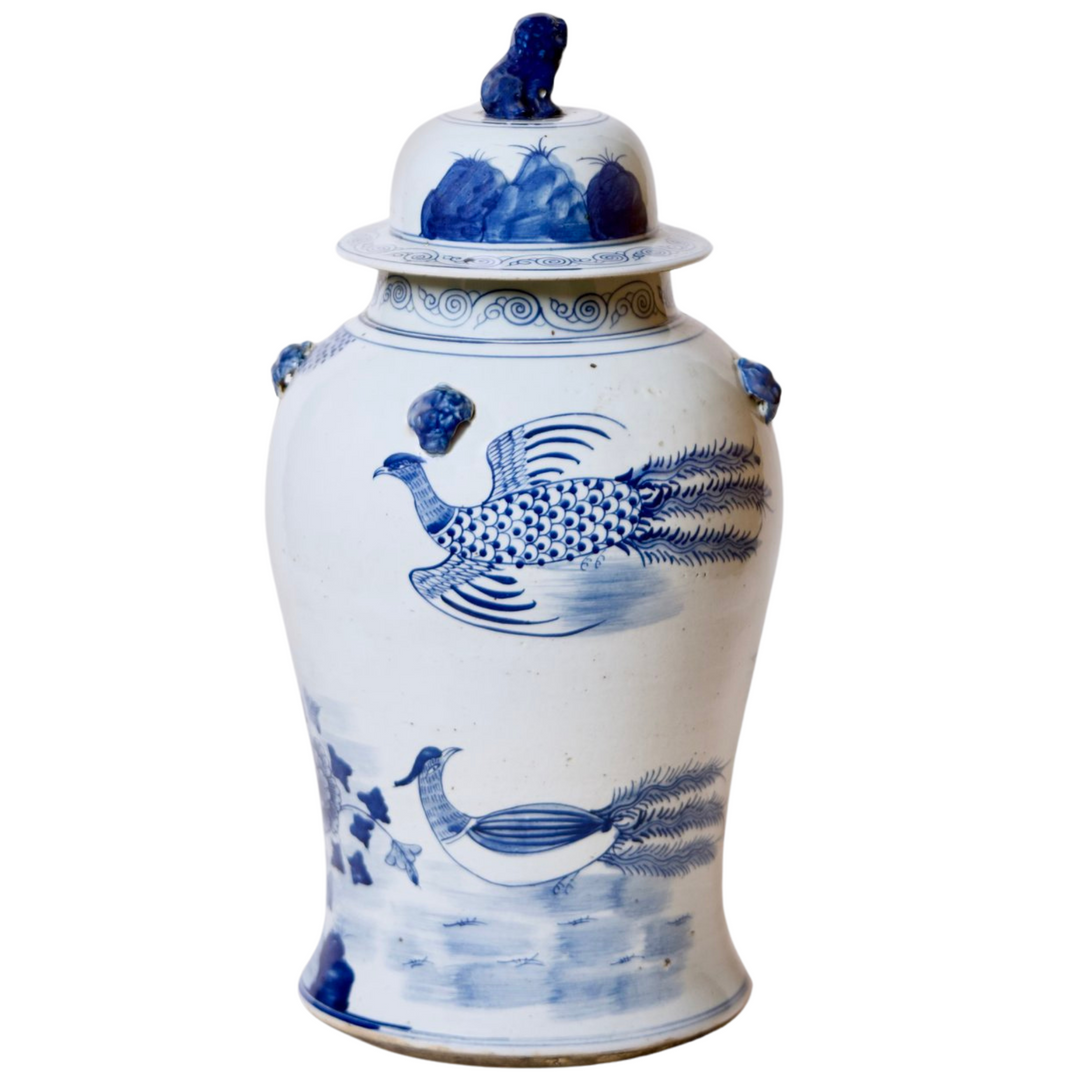 Large Chinese Blue & White Phoenix Birds Temple Jar 