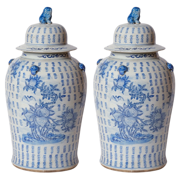 Large Chinese Blue and White Longevity and Peaches Temple Jar