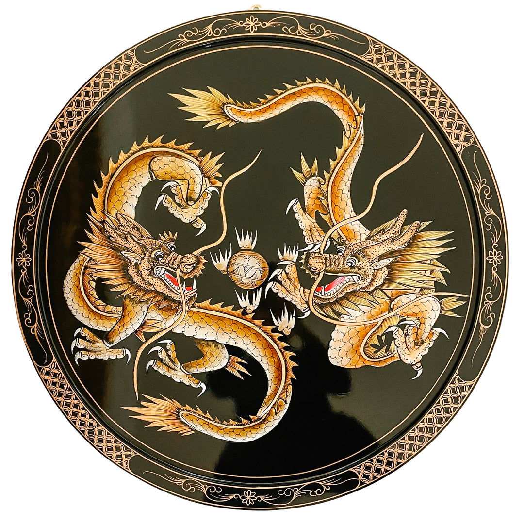 Large Chinese Dragons Lacquered Round Wall Plaque