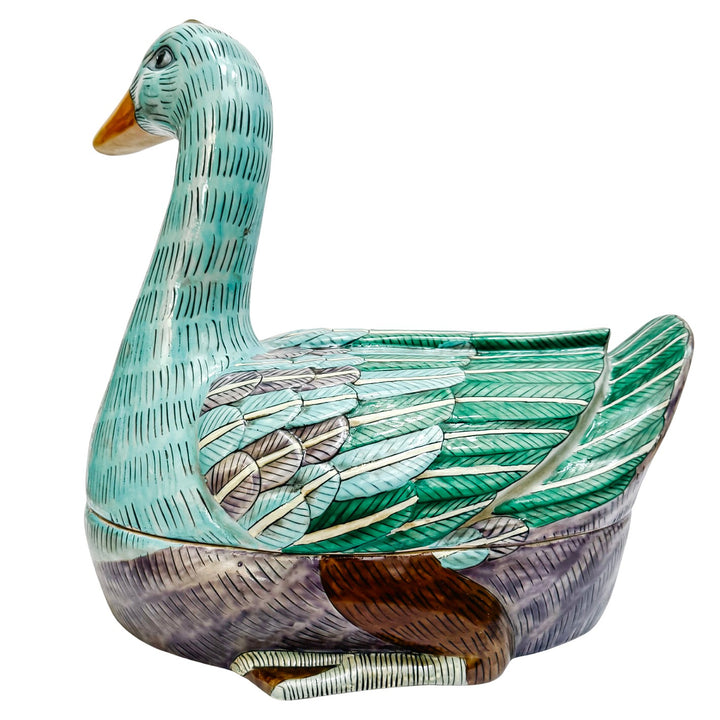 Large Chinese Famille Rose Swimming Goose Form Tureen