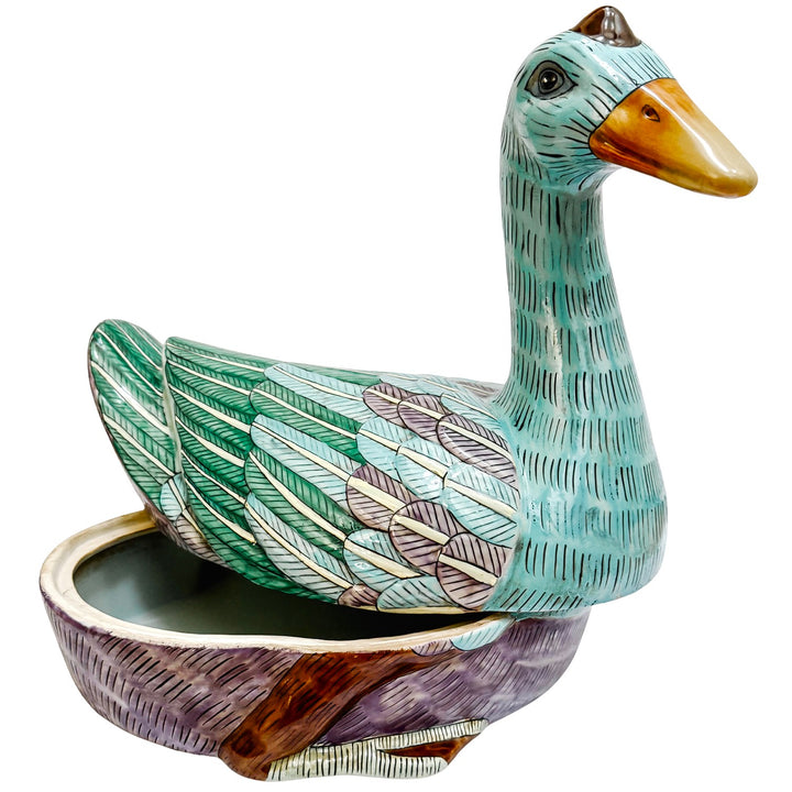 Large Chinese Famille Rose Swimming Goose Form Tureen