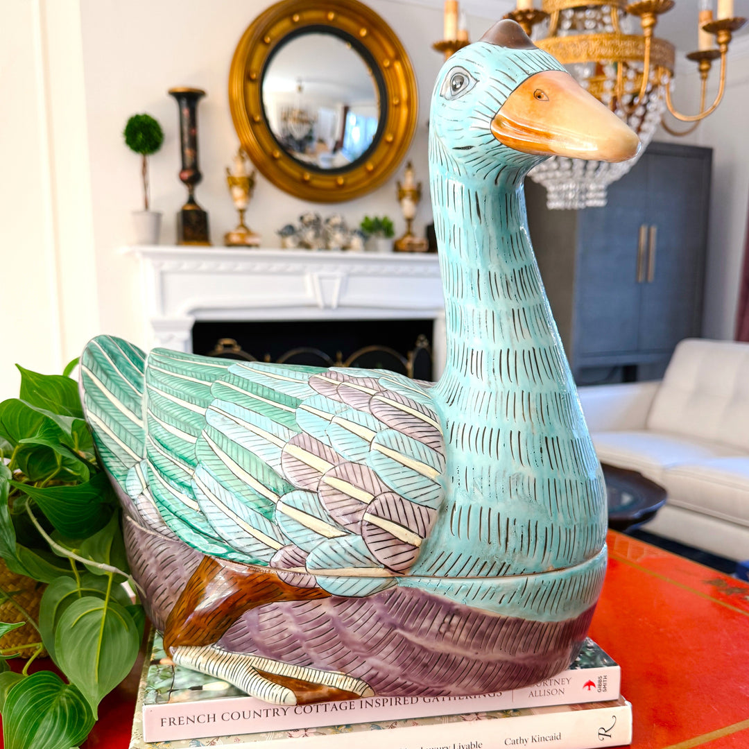 Large Chinese Famille Rose Swimming Goose Form Tureen