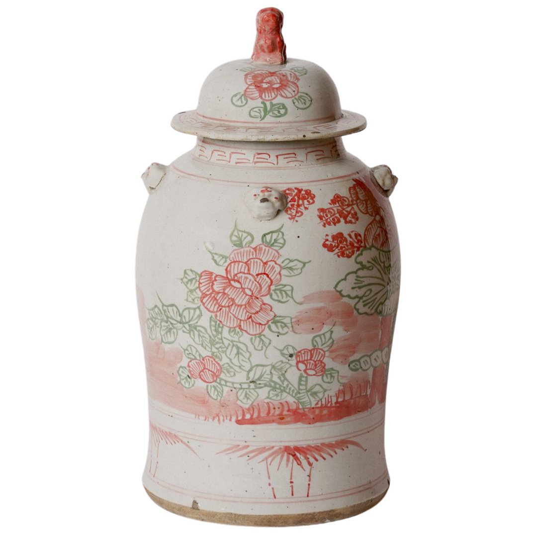 Large 19.5" Pink & Green Peony Floral Temple Jar