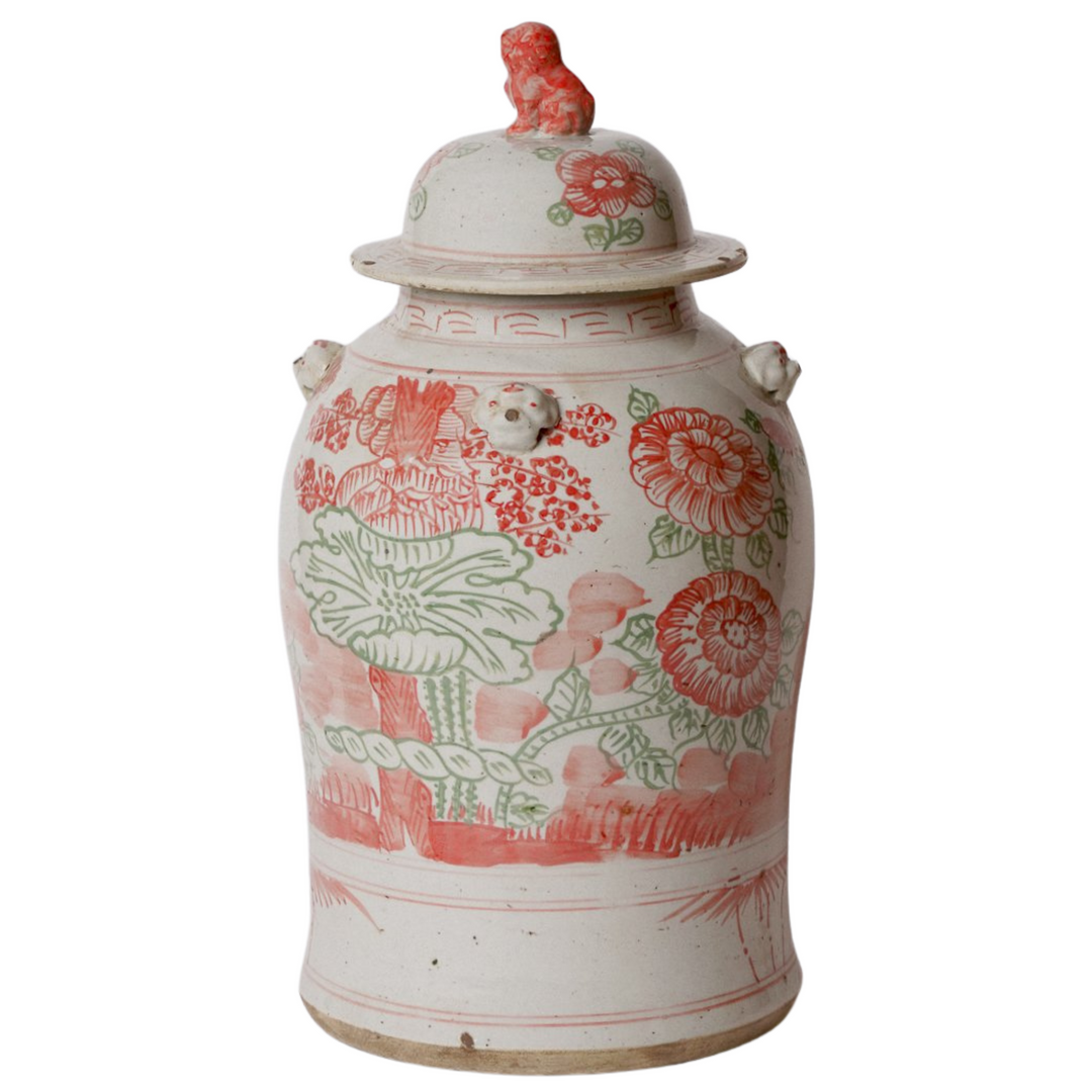 Large 19.5" Pink & Green Peony Floral Temple Jar