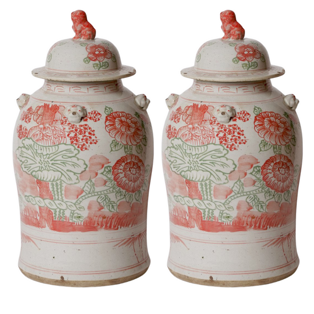 Large 19.5" Pink & Green Peony Floral Temple Jar