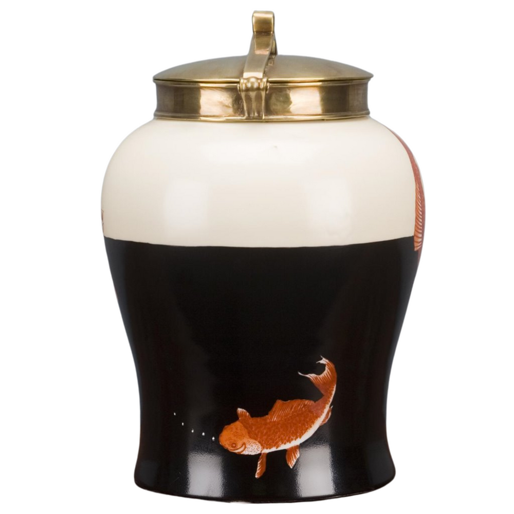 chinesekoi fish lid box porcelain Blue & White Koi Ginger Jar, 8 Chinese Decor, Chinoiserie K Gorgeous large Chinese porcelain urn jar featuring a red koi fish motif and bronze lid Chinoiserie Blue & White Chinese