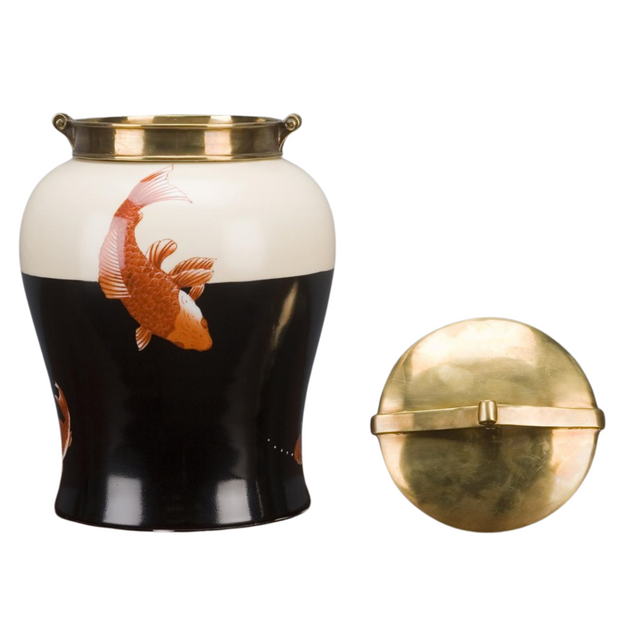 Large Chinese Porcelain Urn Jar With Bronze Lid & Red Koi Fish