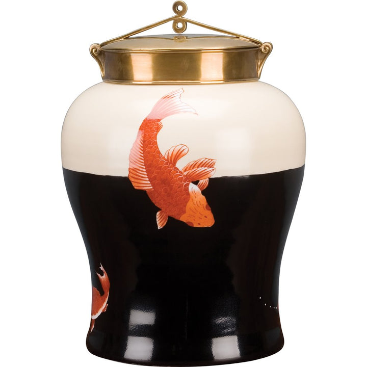 Large Chinese Porcelain Urn Jar With Bronze Lid & Red Koi Fish