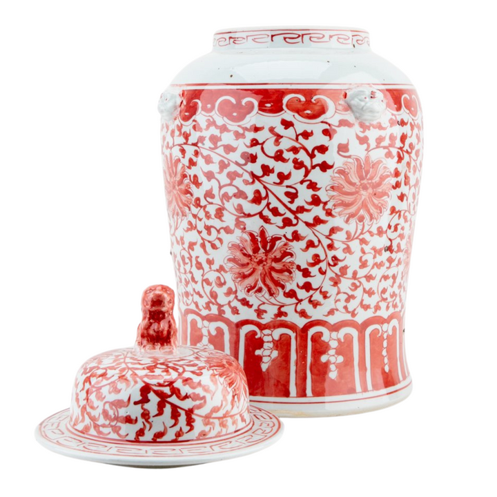 Large 18" Chinese Red & White Floral Temple Jar