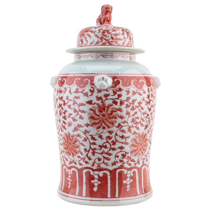 Large 18" Chinese Red & White Floral Temple Jar