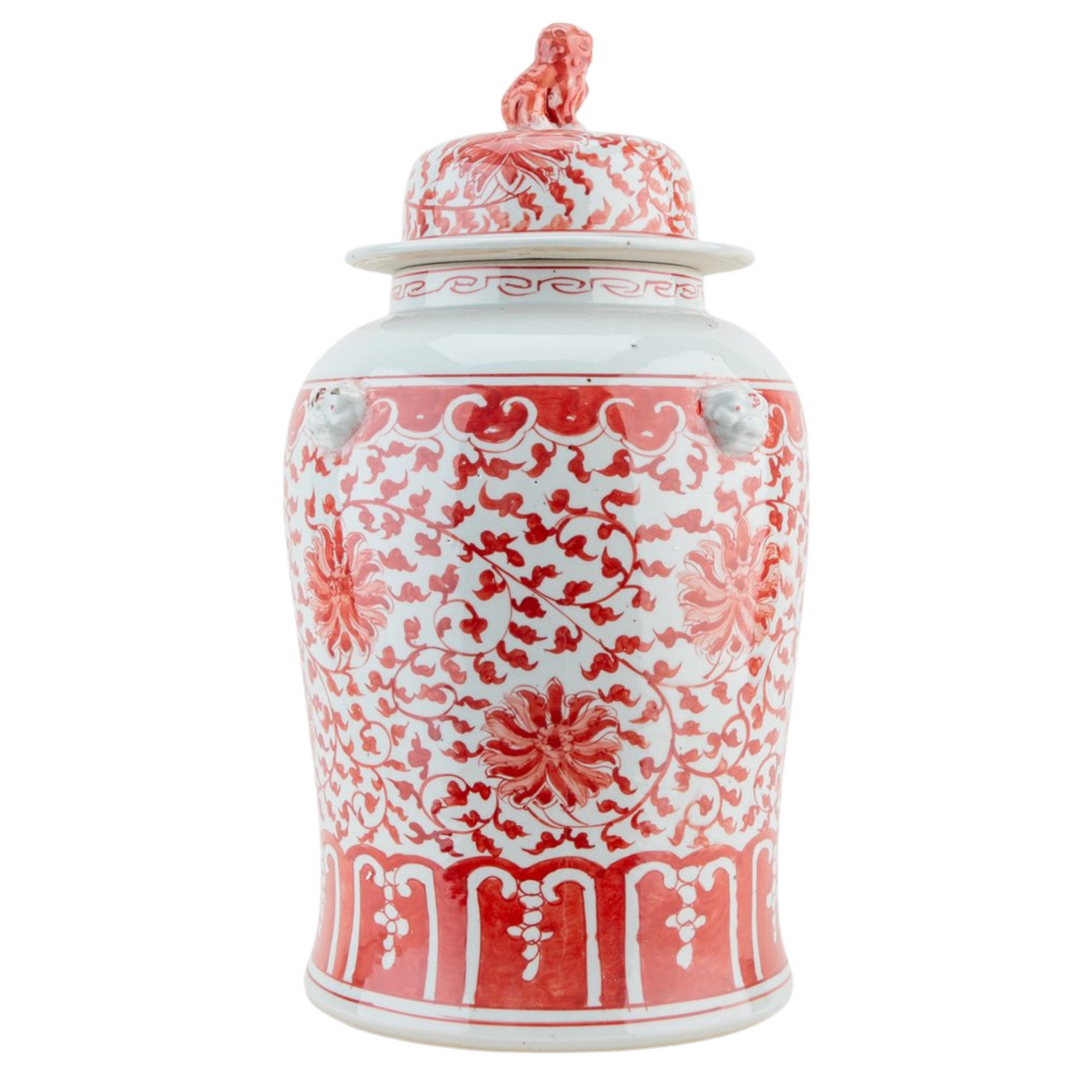 Large 18" Chinese Red & White Floral Temple Jar