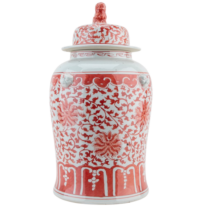 Large 18" Chinese Red & White Floral Temple Jar