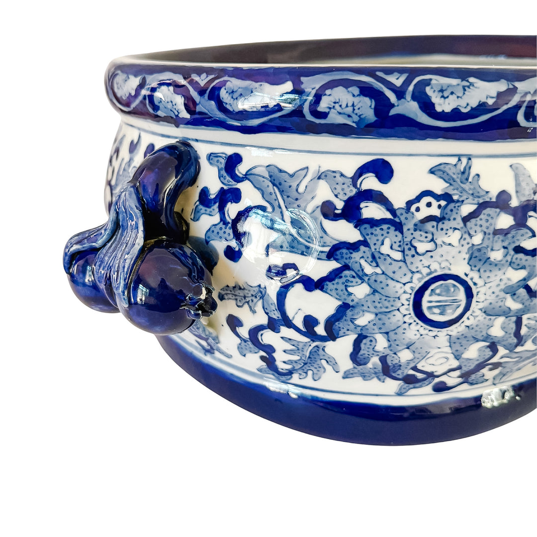 Large Chinoiserie Blue & White Porcelain Foot Bath Planter with Pomegranate Handles