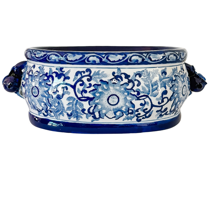 Large Chinoiserie Blue & White Porcelain Foot Bath Planter with Pomegranate Handles