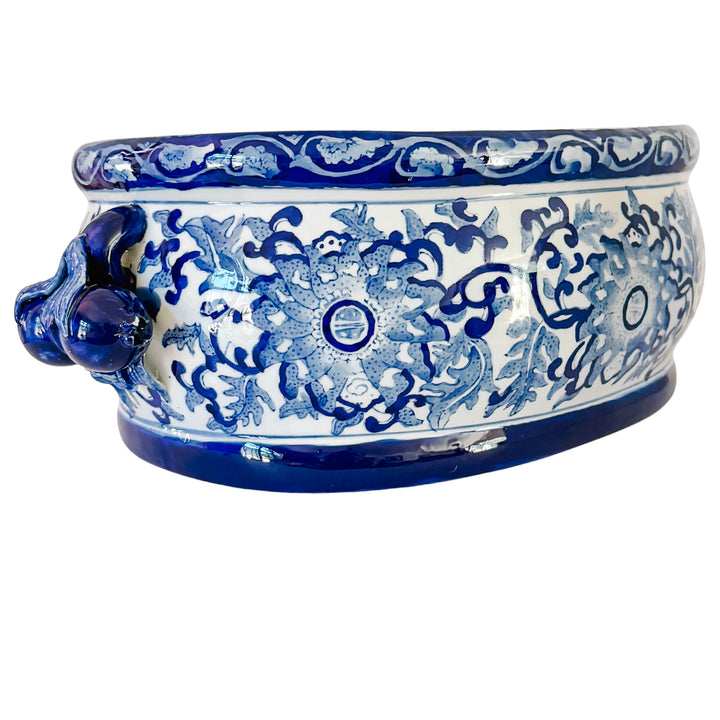 Large Chinoiserie Blue & White Porcelain Foot Bath Planter with Pomegranate Handles
