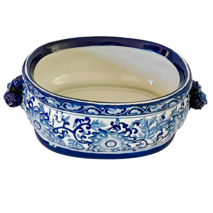 Large Chinoiserie Blue & White Porcelain Foot Bath Planter with Pomegranate Handles