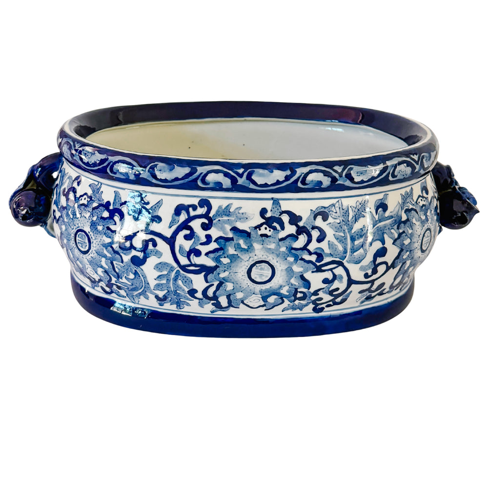Large Chinoiserie Blue & White Porcelain Foot Bath Planter with Pomegranate Handles