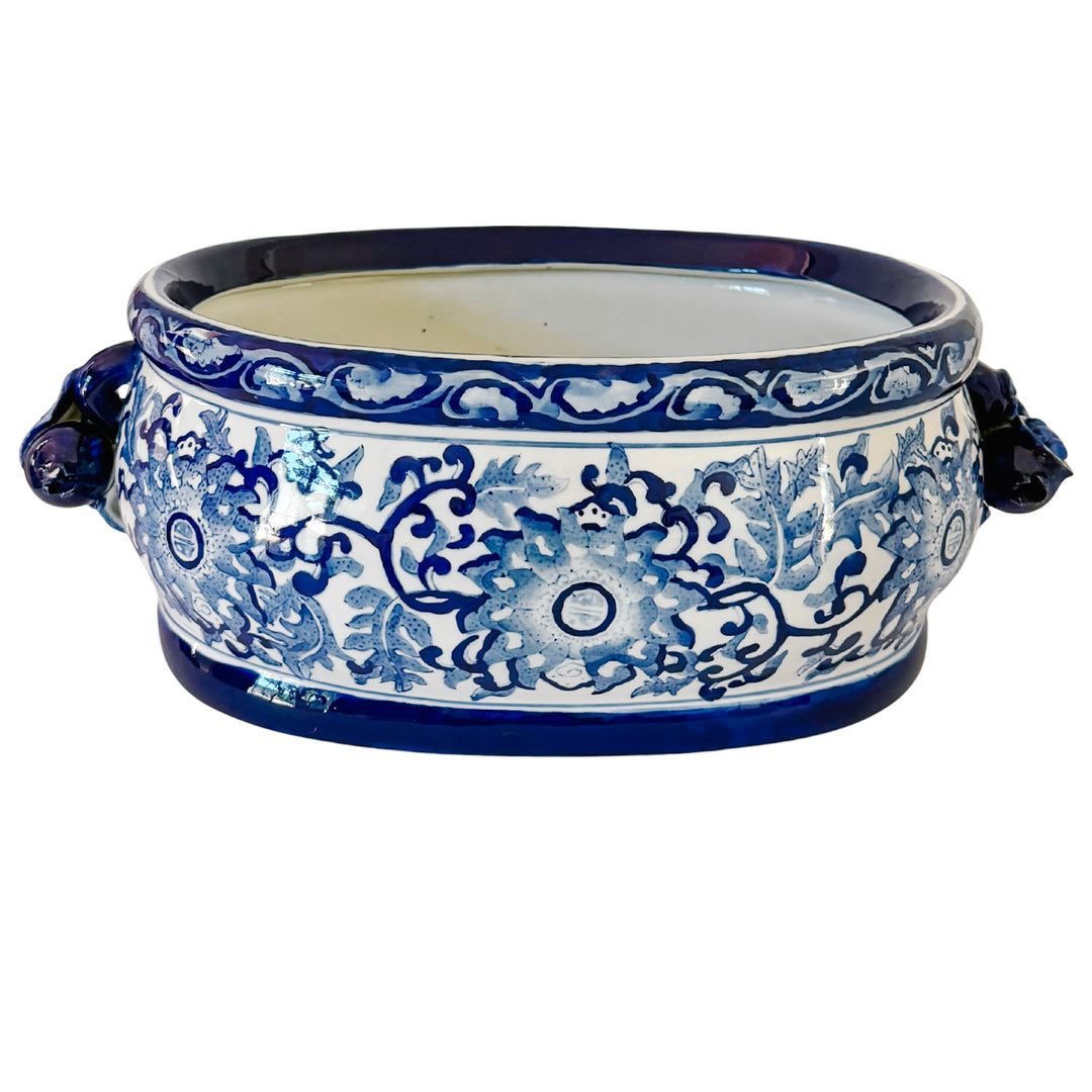 Large Chinoiserie Blue & White Porcelain Foot Bath Planter with Pomegranate Handles