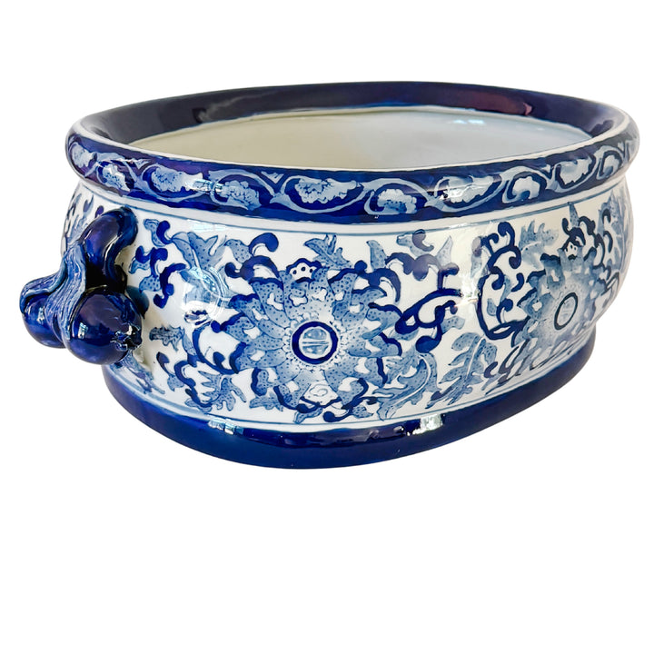 Large Chinoiserie Blue & White Porcelain Foot Bath Planter with Pomegranate Handles