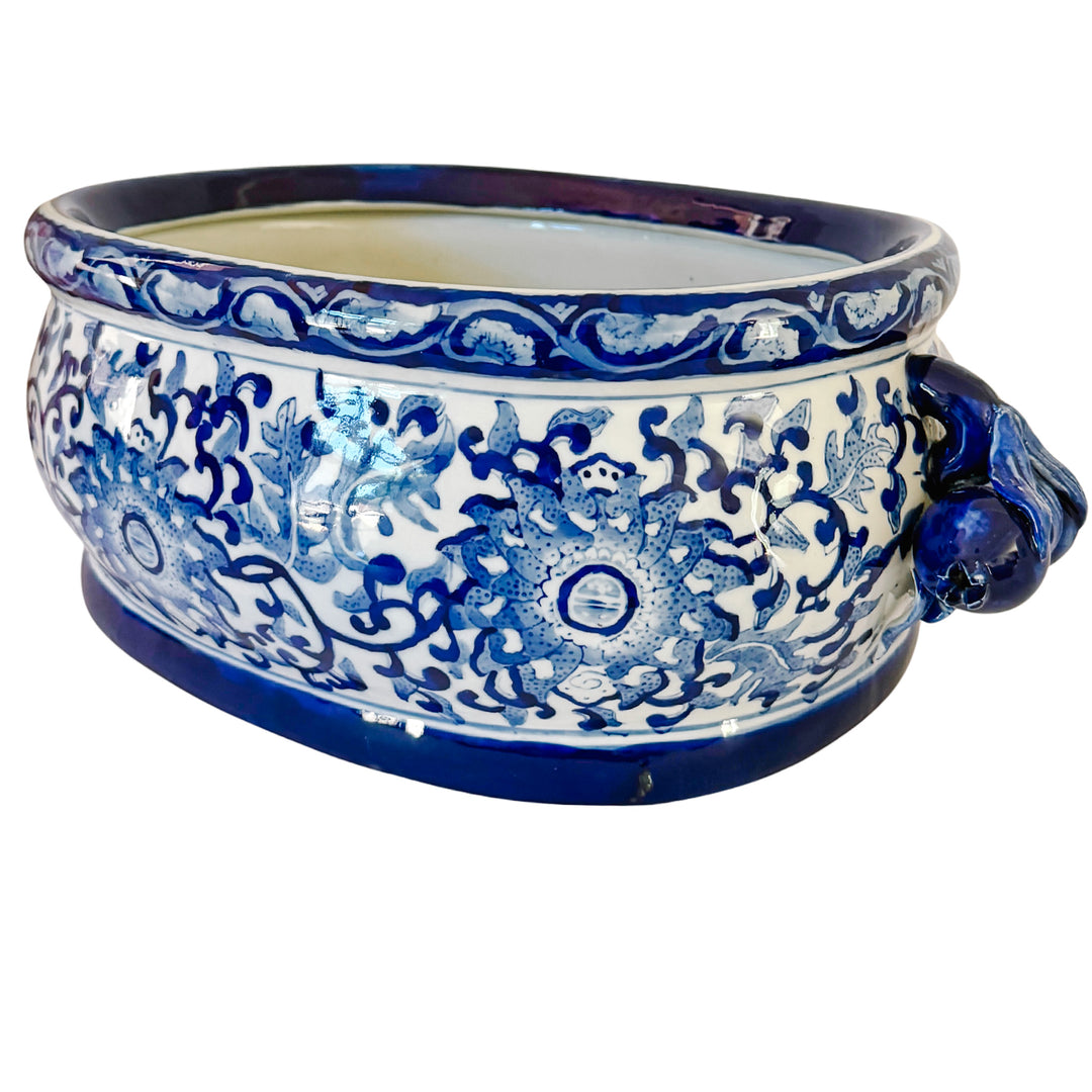 Large Chinoiserie Blue & White Porcelain Foot Bath Planter with Pomegranate Handles