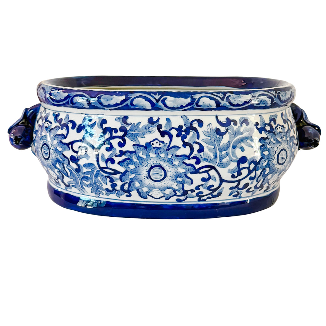 Large Chinoiserie Blue & White Porcelain Foot Bath Planter with Pomegranate Handles