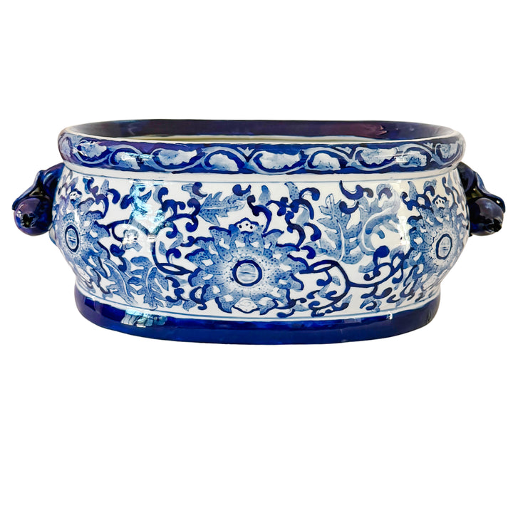 Large Chinoiserie Blue & White Porcelain Foot Bath Planter with Pomegranate Handles