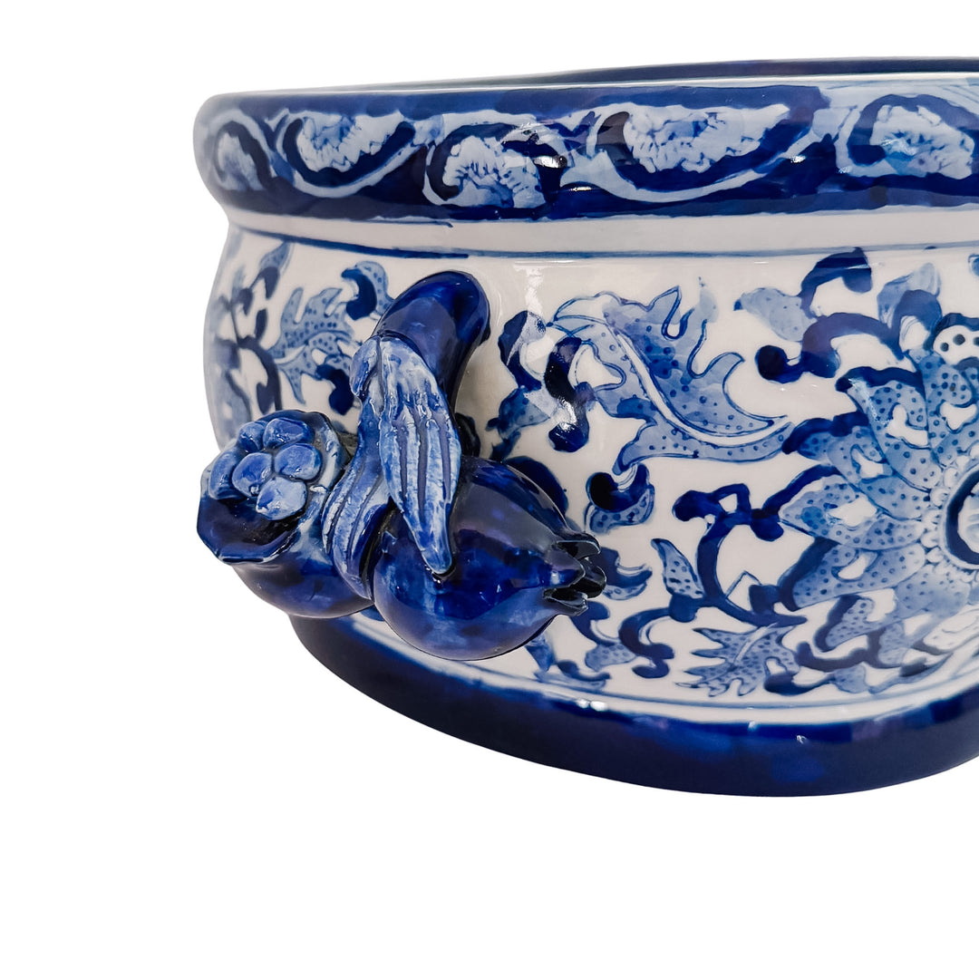 Large Chinoiserie Blue & White Porcelain Foot Bath Planter with Pomegranate Handles