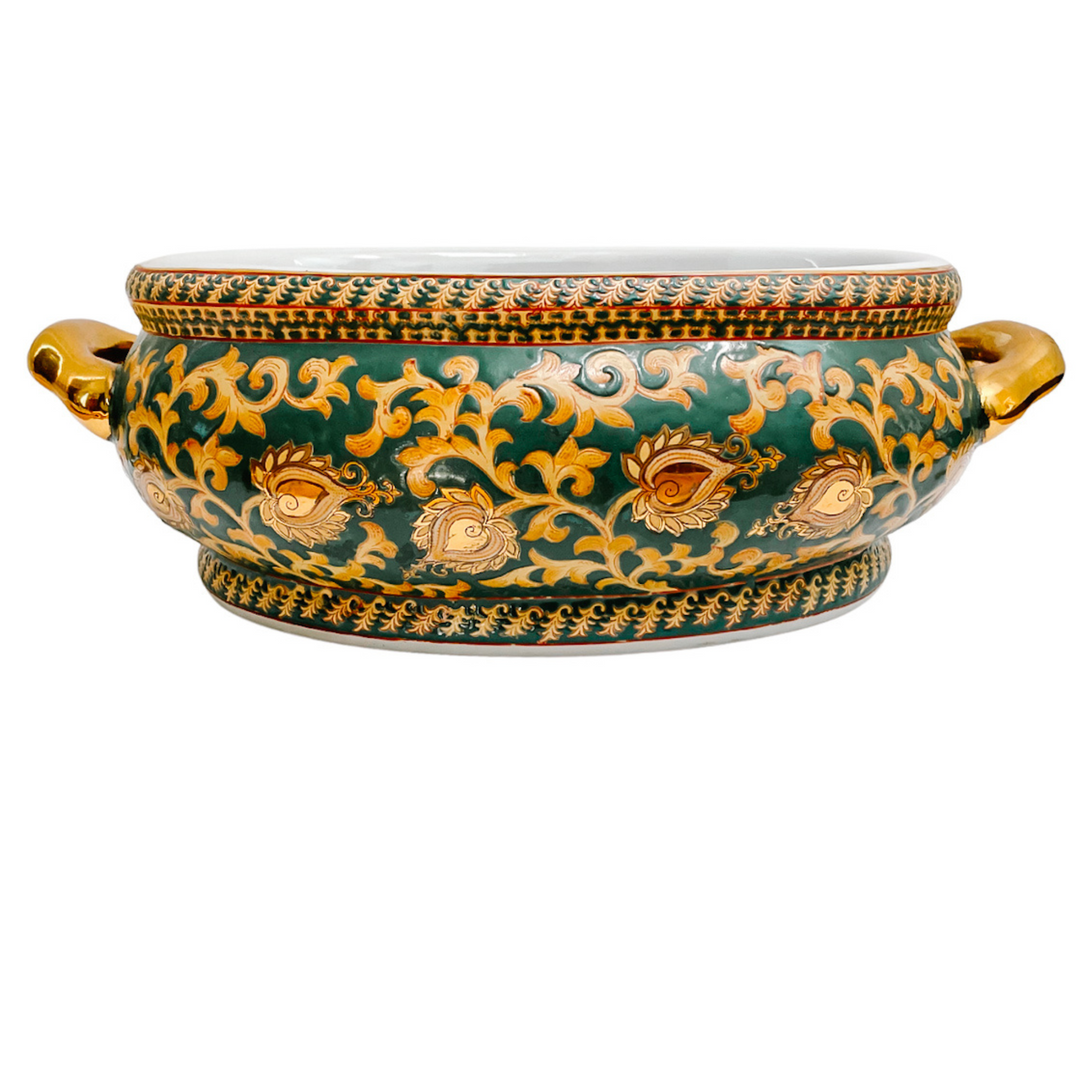 Large Chinoiserie Green & Gold Foot Bath Planter