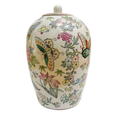Large Chinoiserie Melon Jar With Butterflies & Florals