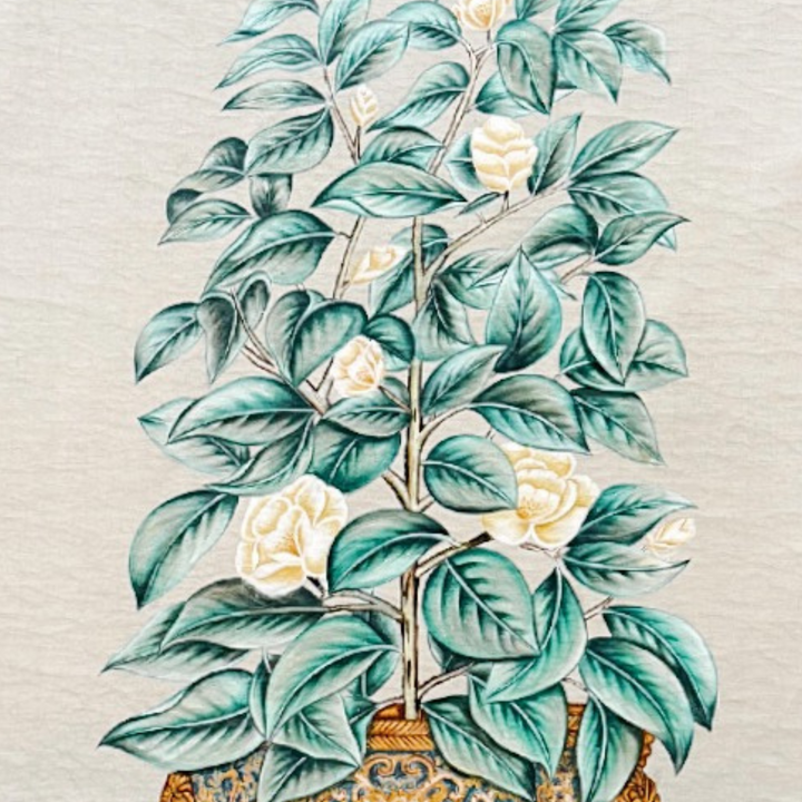 Large Chinoiserie Panel Mixed Media Painting of a Potted Flowering Tree