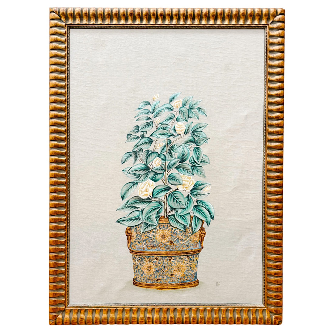 Large Chinoiserie Panel Mixed Media Painting of a Potted Flowering Tree