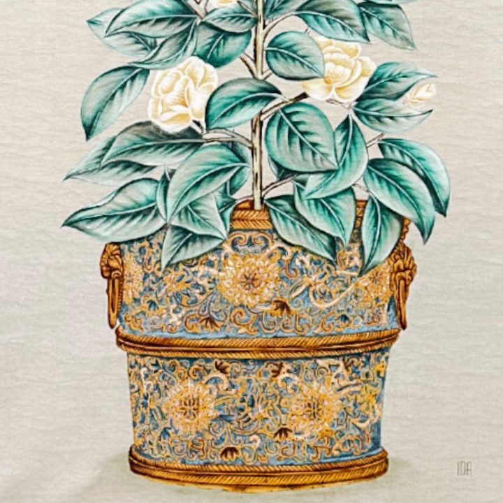 Large Chinoiserie Panel Mixed Media Painting of a Potted Flowering Tree