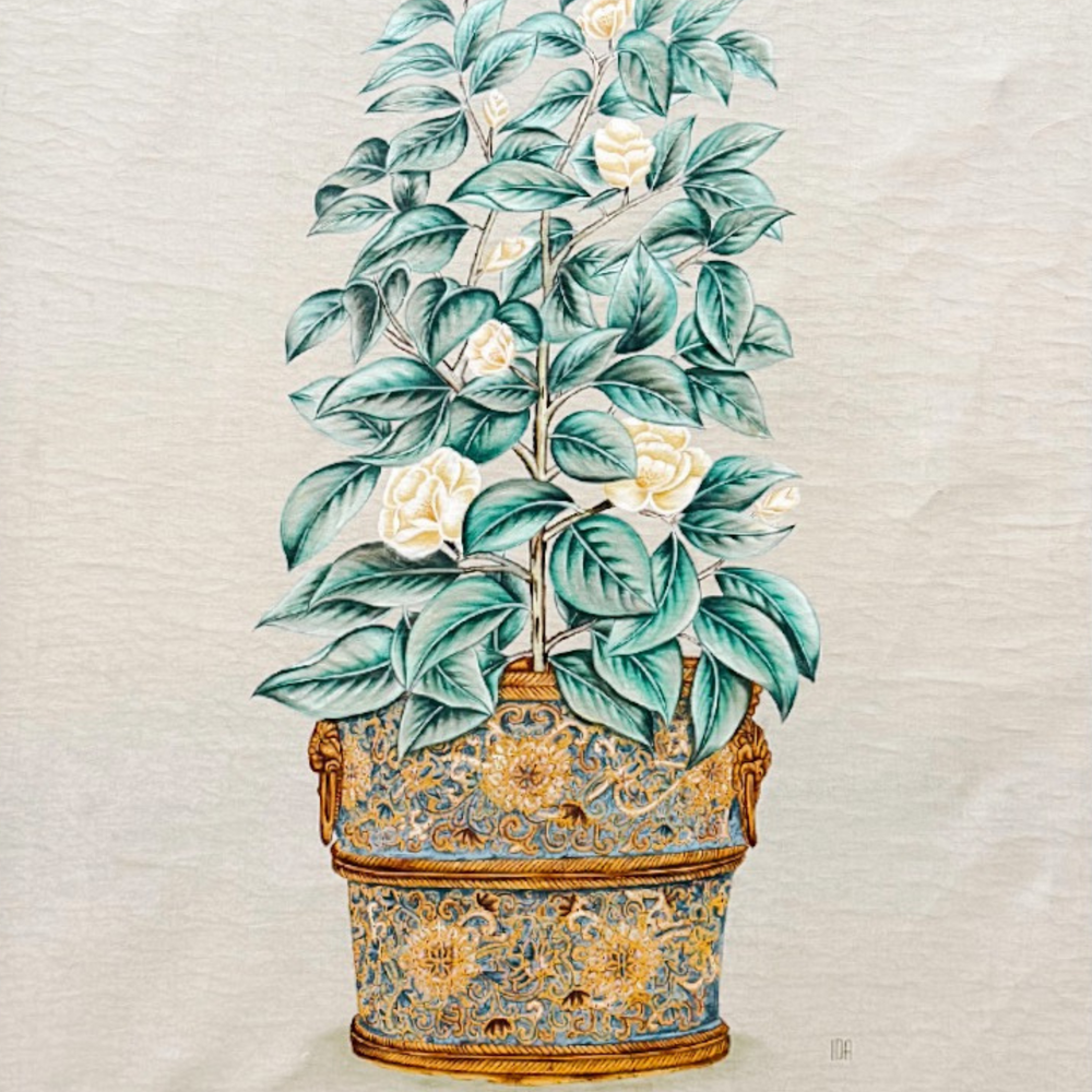 Large Chinoiserie Panel Mixed Media Painting of a Potted Flowering Tree