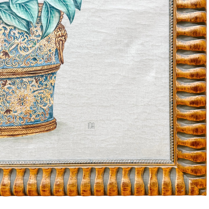 Large Chinoiserie Panel Mixed Media Painting of a Potted Flowering Tree