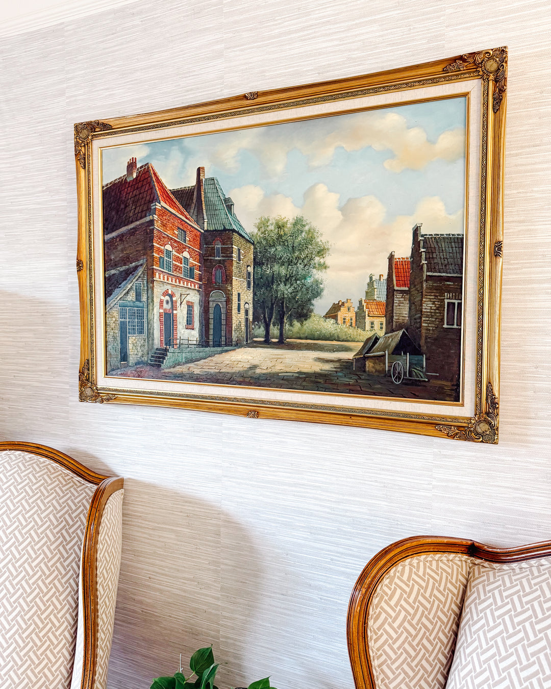 Large Dutch-Style Village Street Scene Oil On Canvas, Unsigned