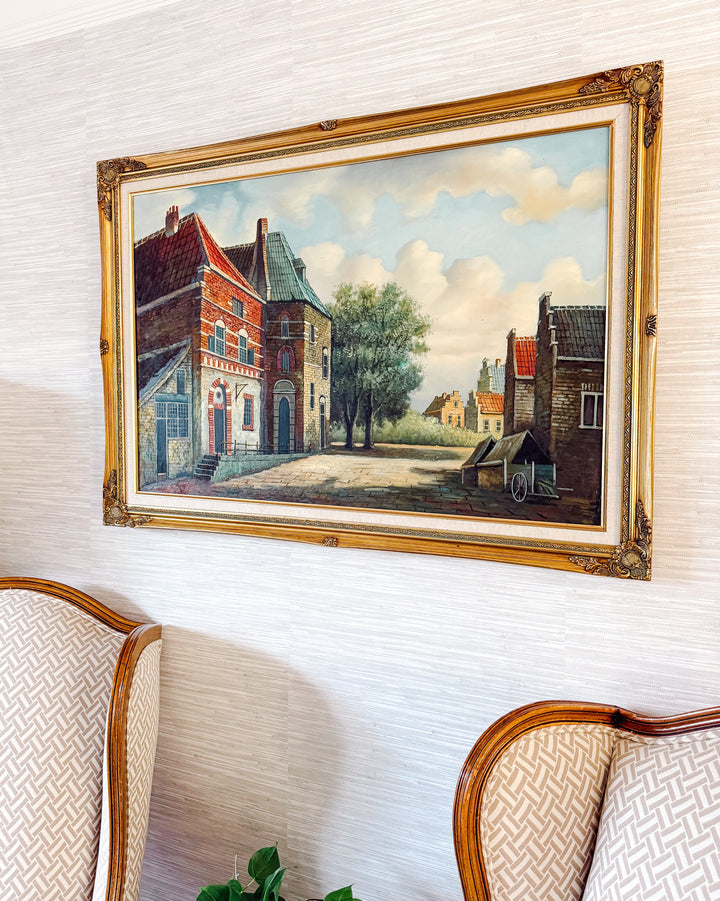 Large Dutch-Style Village Street Scene Oil On Canvas, Unsigned