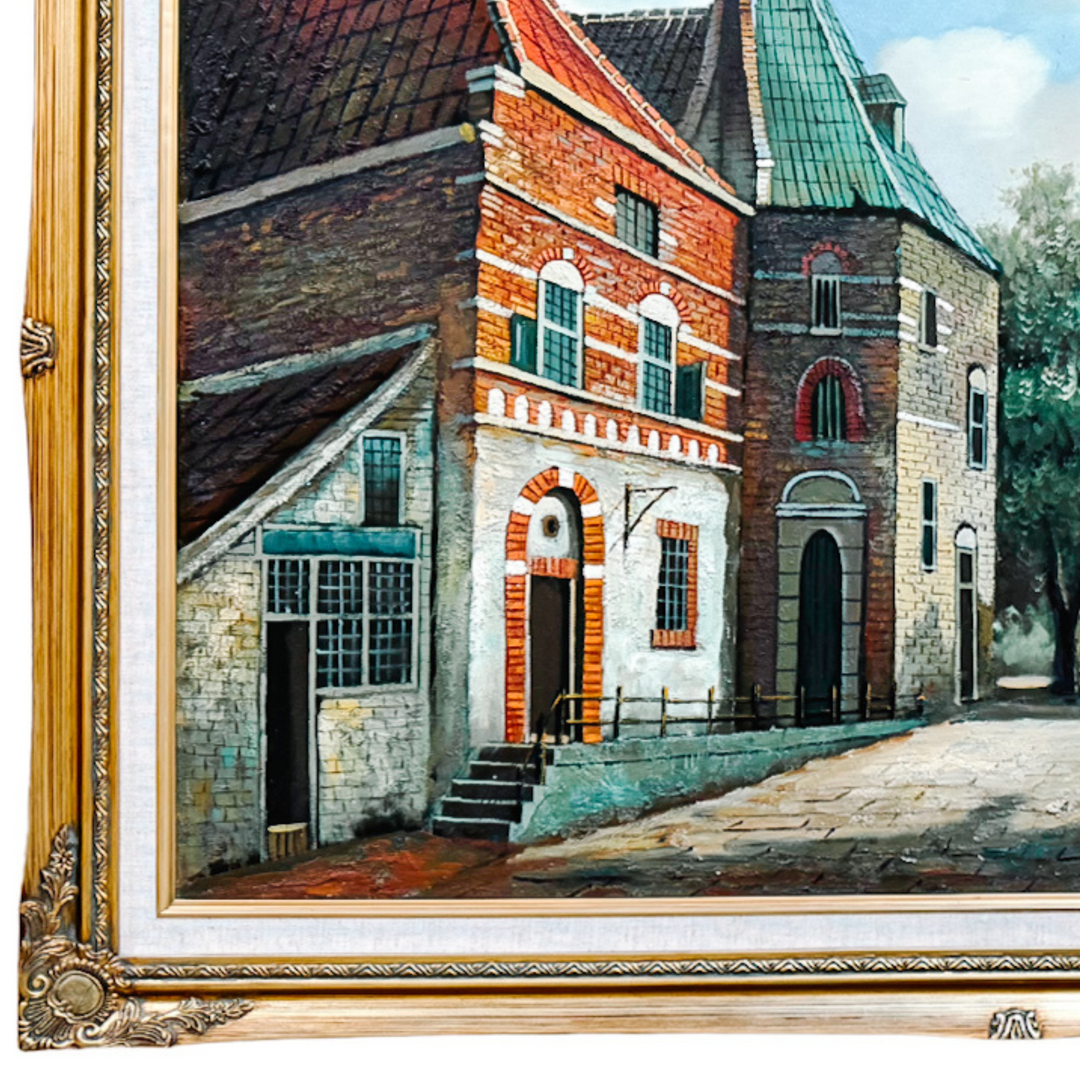 Large Dutch-Style Village Street Scene Oil On Canvas, Unsigned