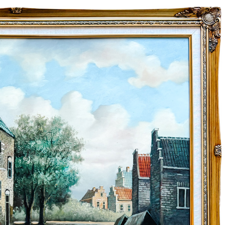 Large Dutch-Style Village Street Scene Oil On Canvas, Unsigned
