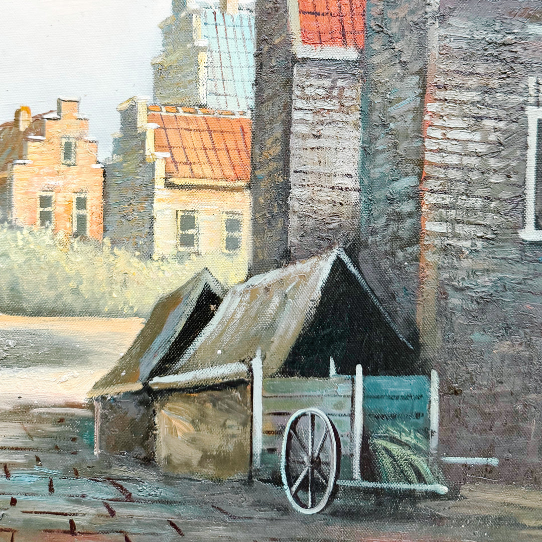 Large Dutch-Style Village Street Scene Oil On Canvas, Unsigned