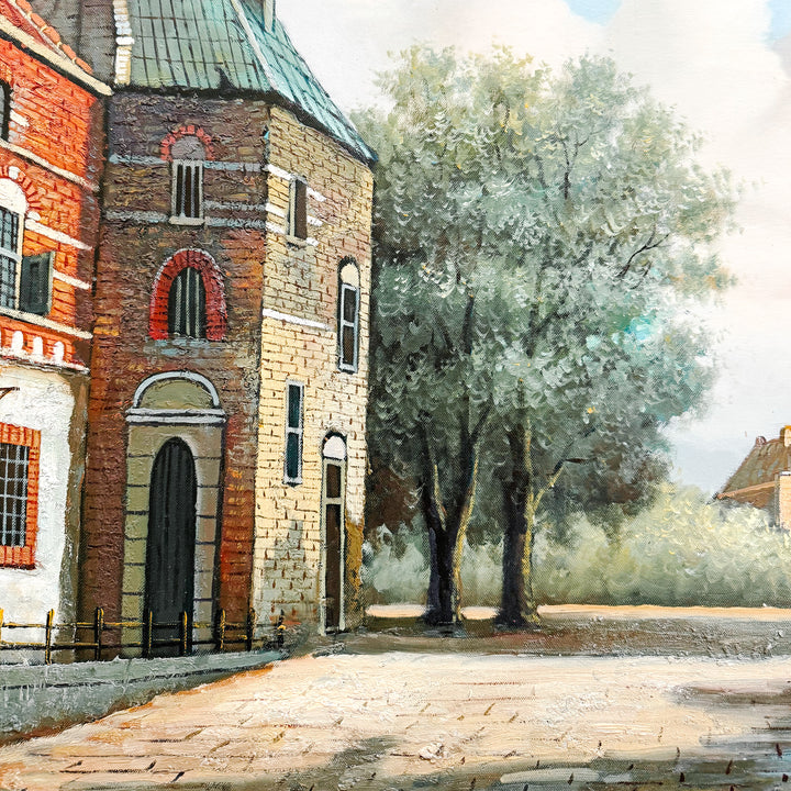 Large Dutch-Style Village Street Scene Oil On Canvas, Unsigned