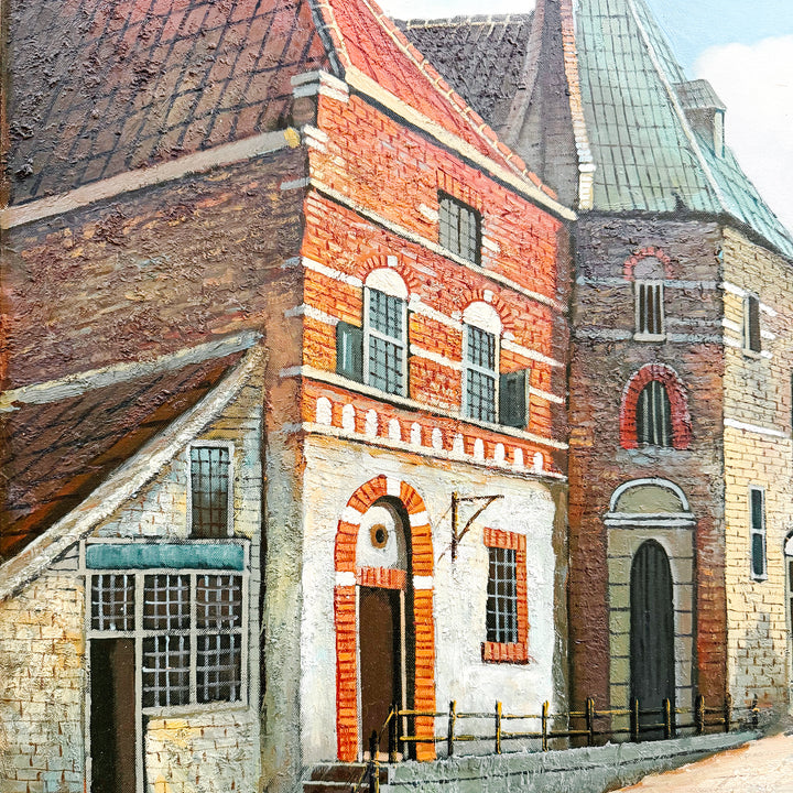 Large Dutch-Style Village Street Scene Oil On Canvas, Unsigned