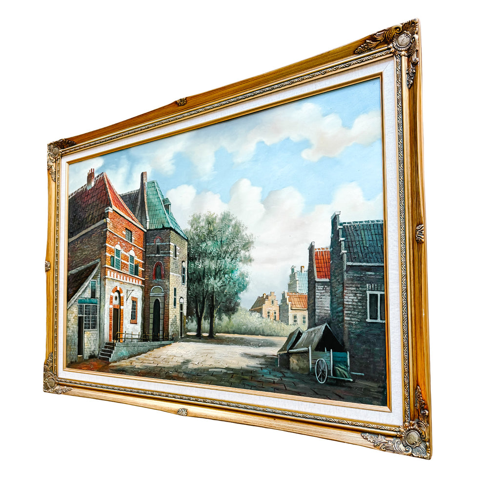 Large Dutch-Style Village Street Scene Oil On Canvas, Unsigned