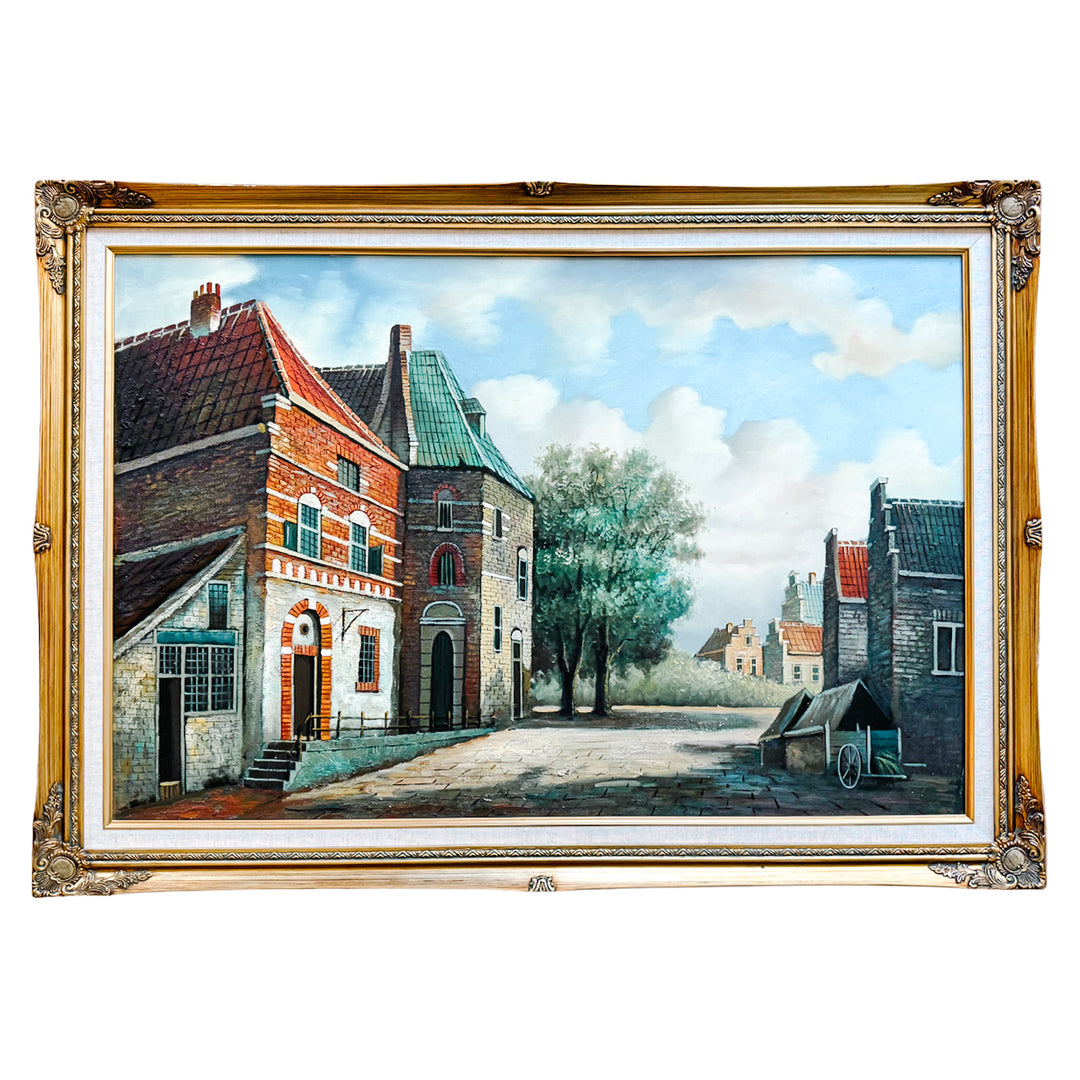 Large Dutch-Style Village Street Scene Oil On Canvas, Unsigned