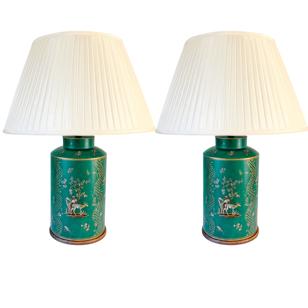 Large Frederick Cooper Emerald Green Hand-Painted Green Tole Chinoiserie Table Lamps