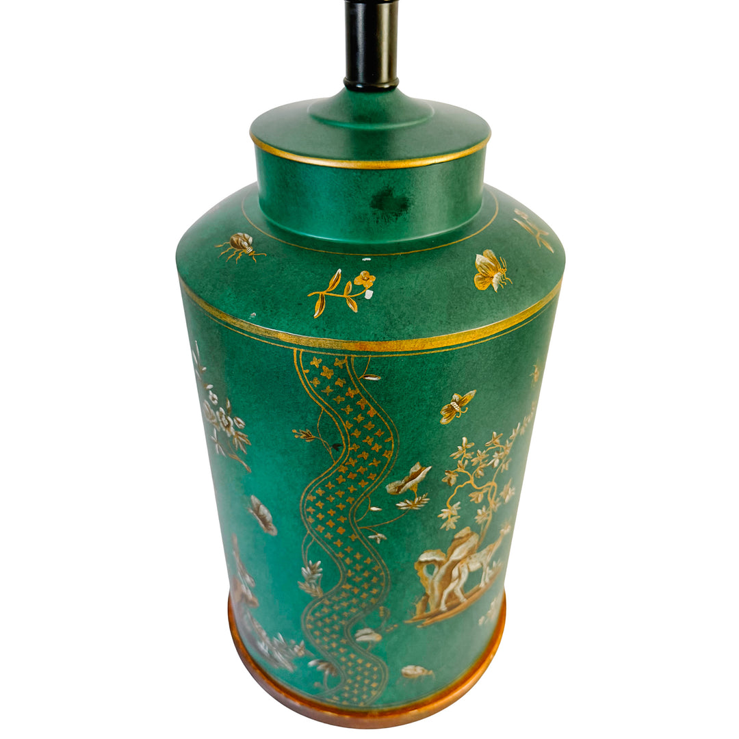 Large Frederick Cooper Emerald Green Hand-Painted Green Tole Chinoiserie Table Lamps