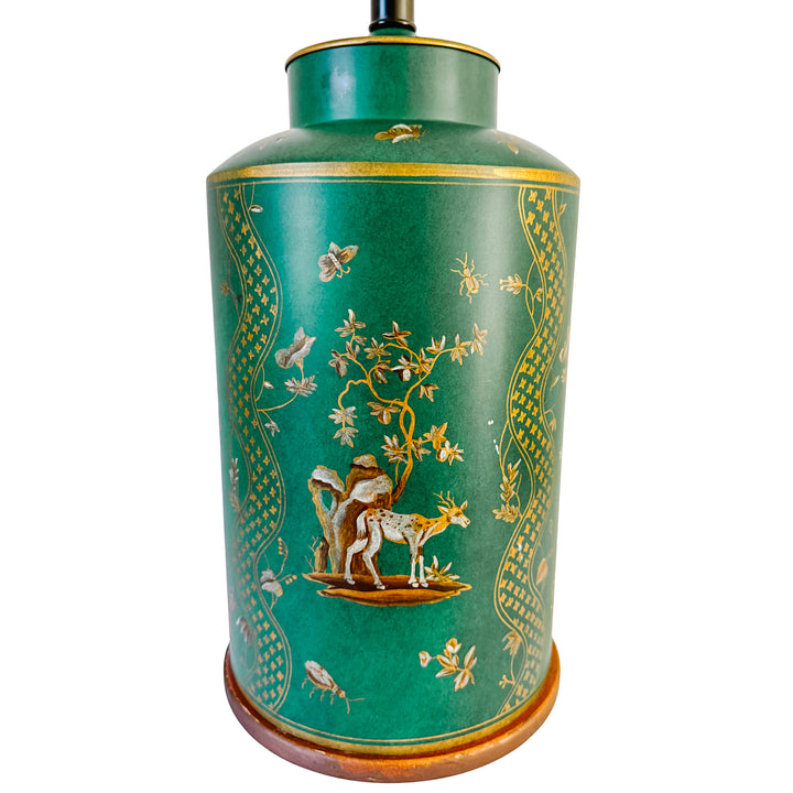 Large Frederick Cooper Emerald Green Hand-Painted Green Tole Chinoiserie Table Lamps