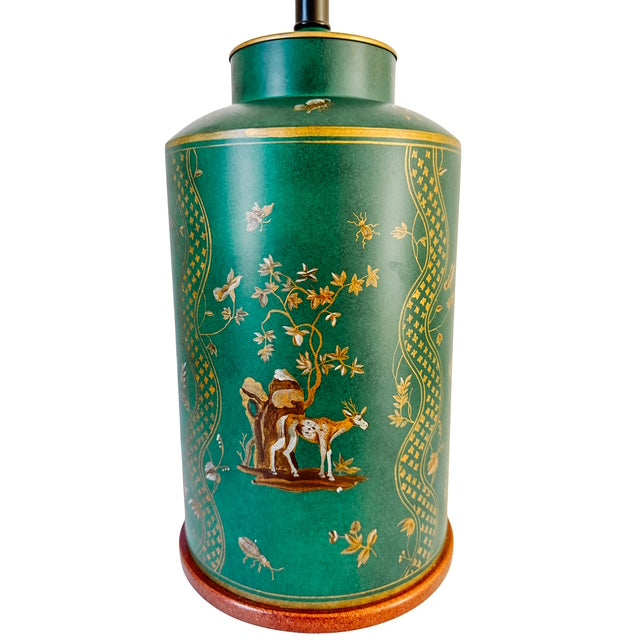 Large Frederick Cooper Emerald Green Hand-Painted Green Tole Chinoiserie Table Lamps