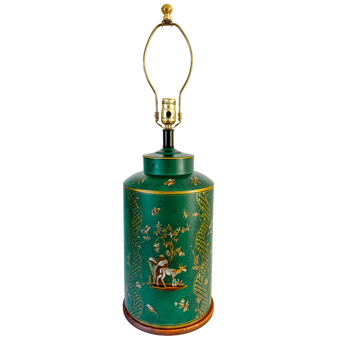 Large Frederick Cooper Emerald Green Hand-Painted Green Tole Chinoiserie Table Lamps