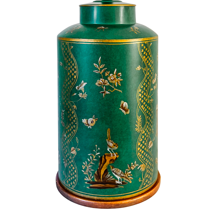 Large Frederick Cooper Emerald Green Hand-Painted Green Tole Chinoiserie Table Lamps